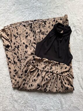 Sleeveless Mock Neck Dress in Beige and Black Animal Print